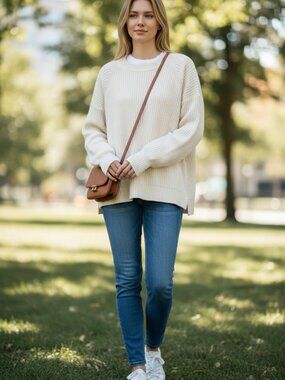 Women's SO Crew Long Sleeve Sweater Crochet Small Ivory‎